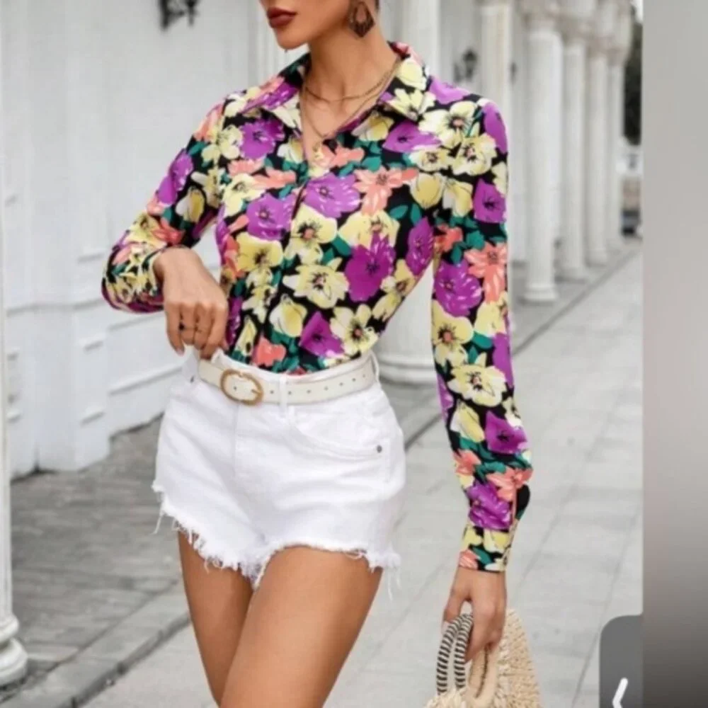 VCAY Full Floral Printed Long Sleeve Women'S Shirt size S new without tag - Picture 1 of 9